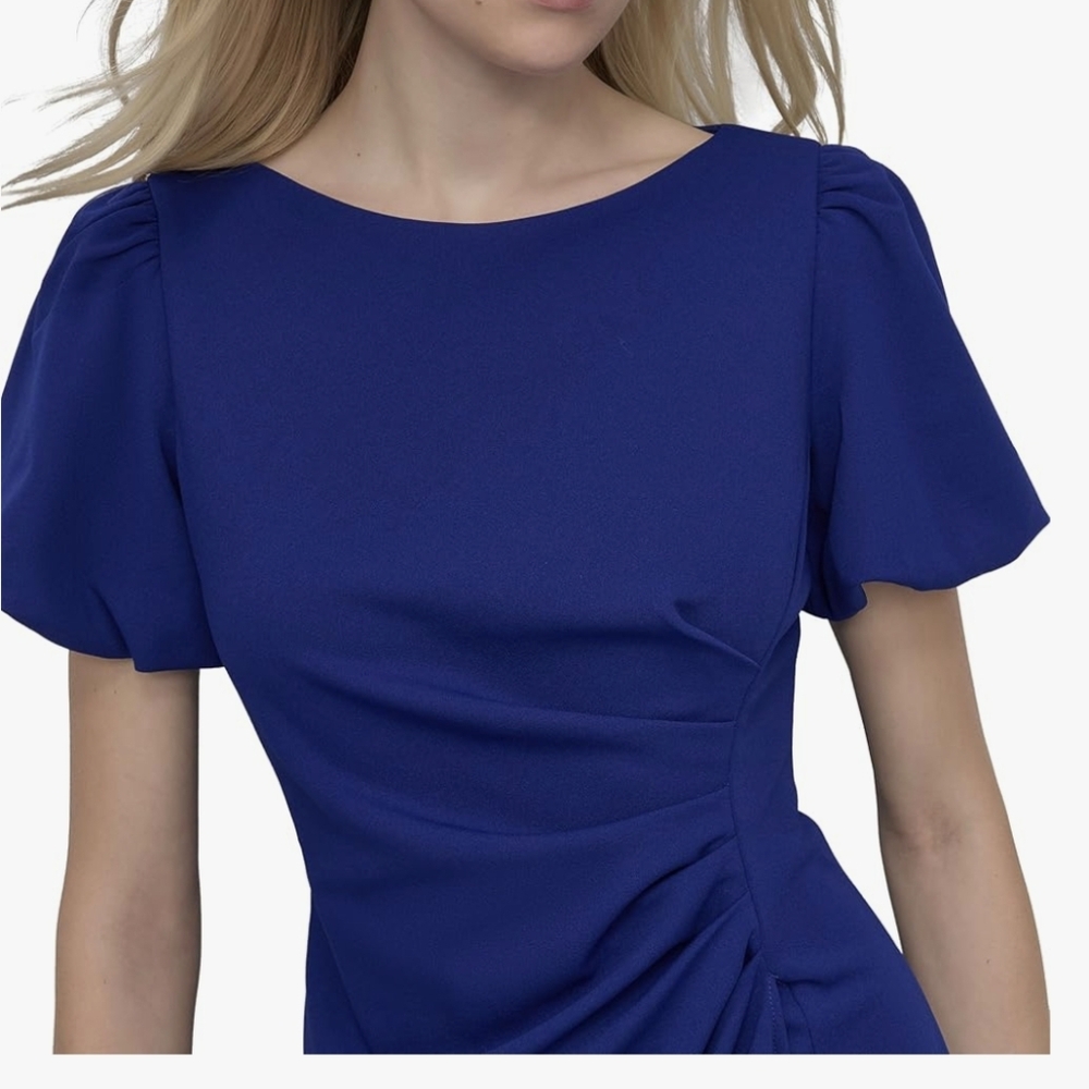 DKNY Women's Petite Short Sleeve Boat Neck Side Ruched Dress, size 10P - Picture 3 of 14